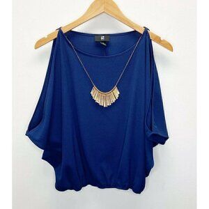 IZ Byer Womens Top Navy Blue Size XS Cold Shoulder Attached Gold Necklace Career